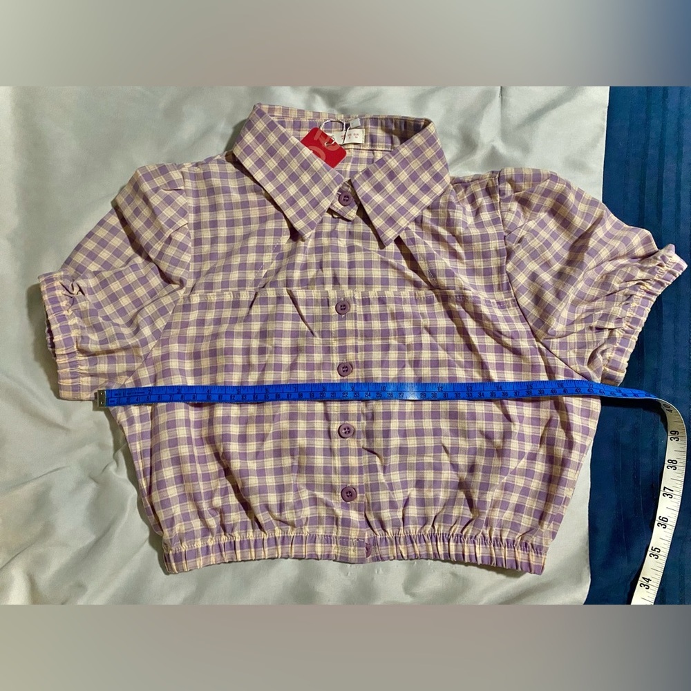 CROP TOP | Plaid Cut Out Button Funnel Spread Collar | Women’s Size 2 - Picture 8 of 11